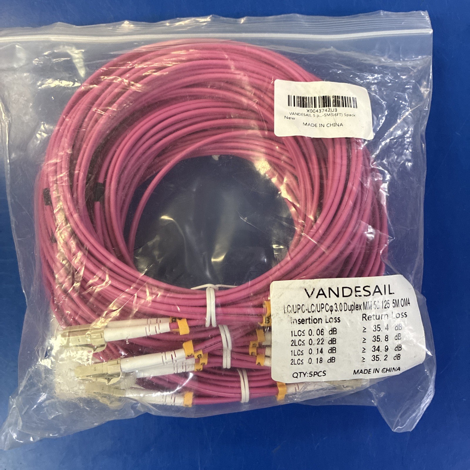 OM4 Fiber Patch Cables 16ft LC to LC Duplex 50/125 Multimode 5m LSZH QTY5