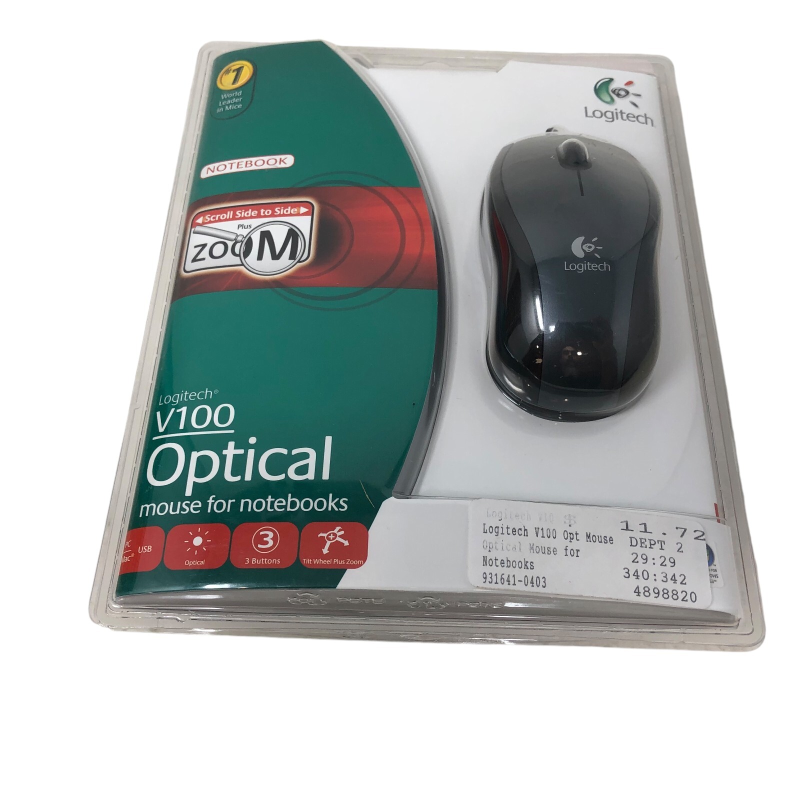 NIP Logitech V100 3-Button USB Optical Mouse Tilt Wheel Plus Zoom Black/Gray