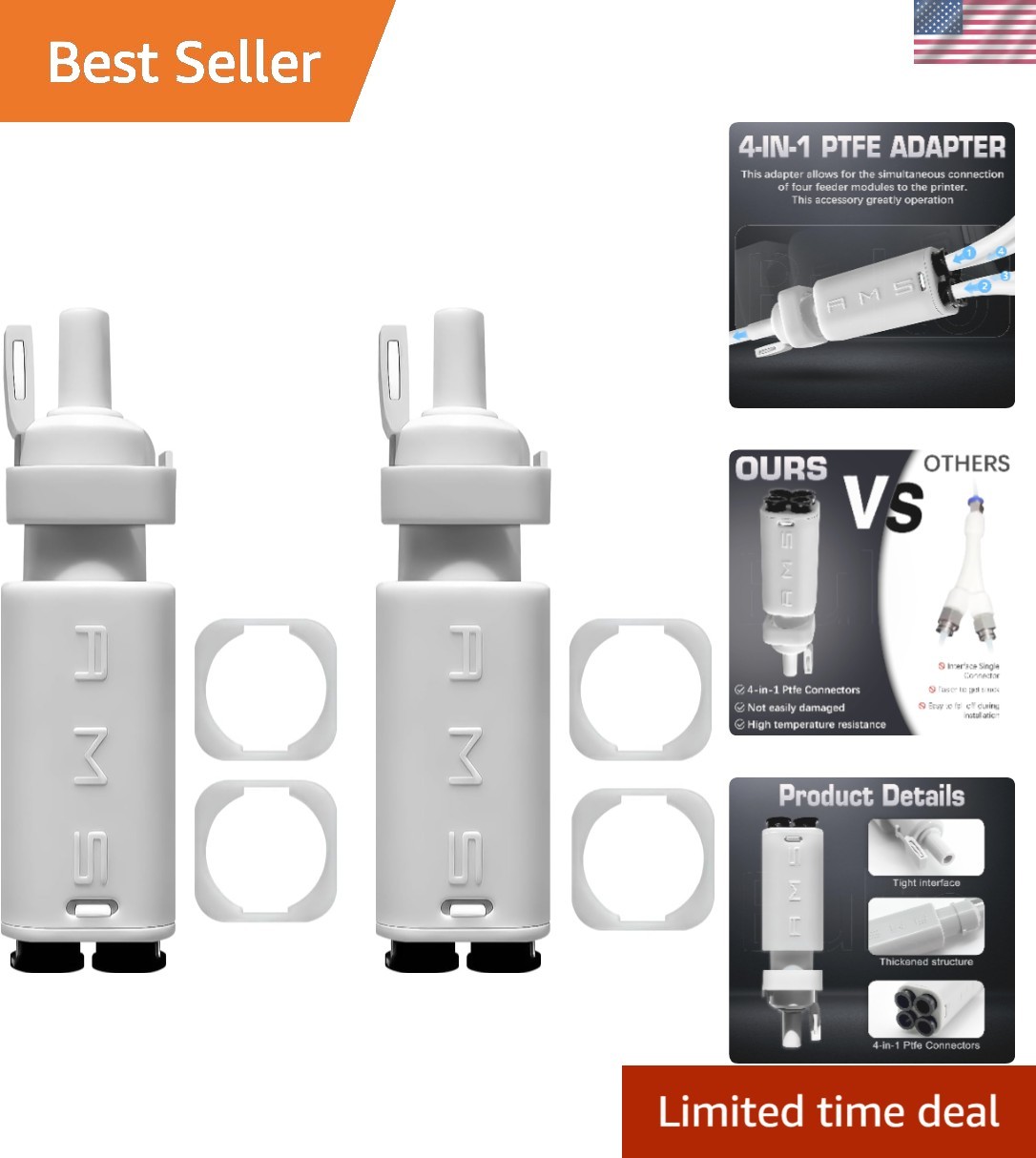 2 Packs A1/A1Mini AMS Lite Filament Hub Five Way Components 4-in-1 PTFE Adapt...
