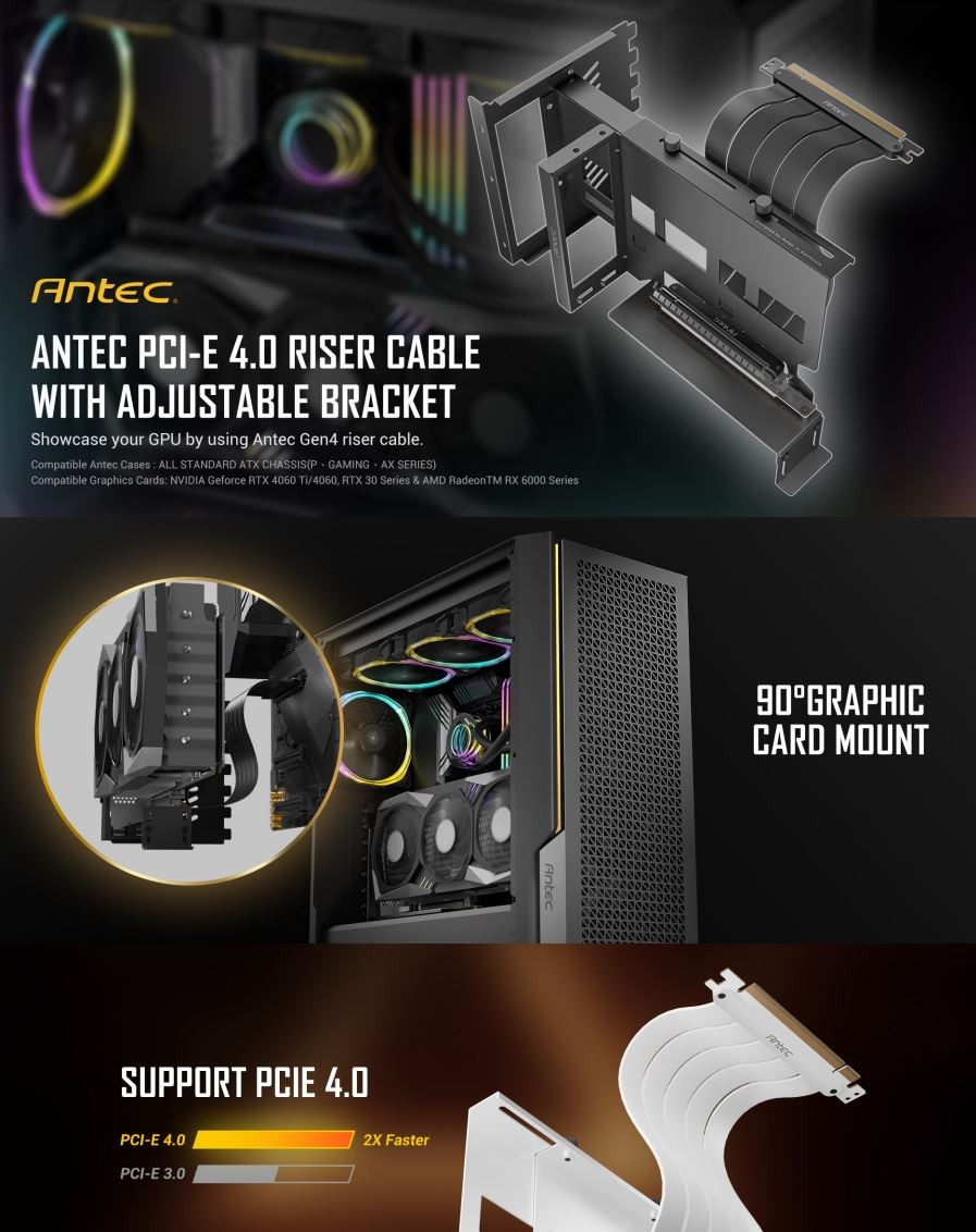 Antec Adjustable Vertical PCI Bracket and PCI-E 4.0 Cable Kit (200mm) White.
