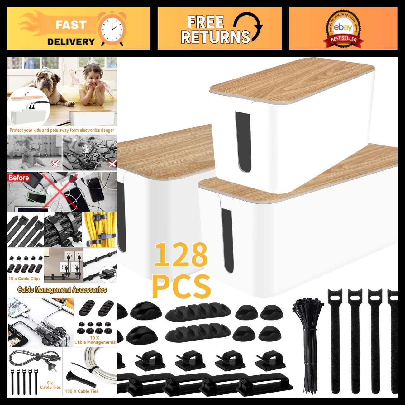 128PCS Cable Management Kit - 3 Pack Wire Organizer, Cord Hider Boxes for Home &