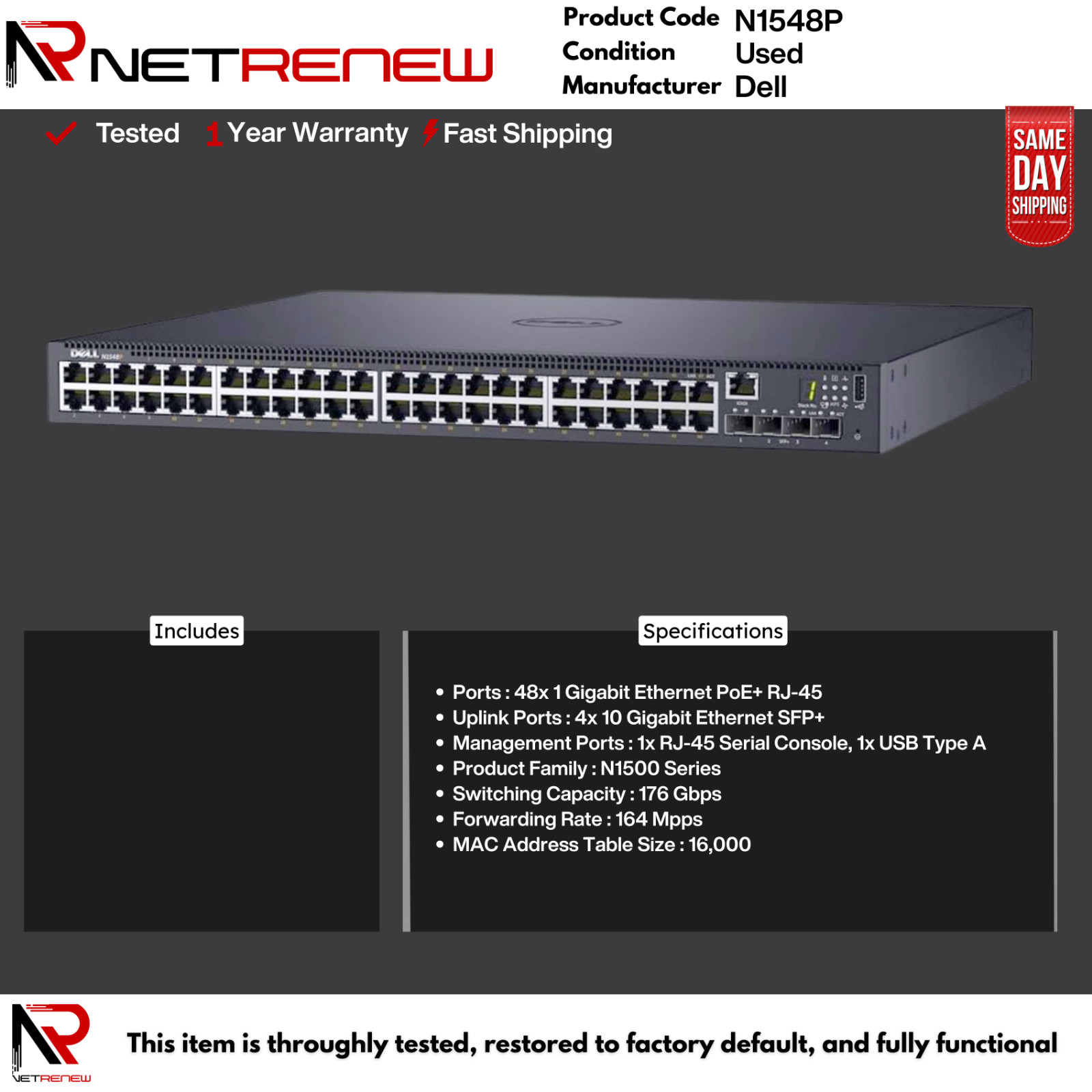 N1548P  Dell 48-Port 1GbE RJ45 PoE+ 4x10GbE SFP+  Switch