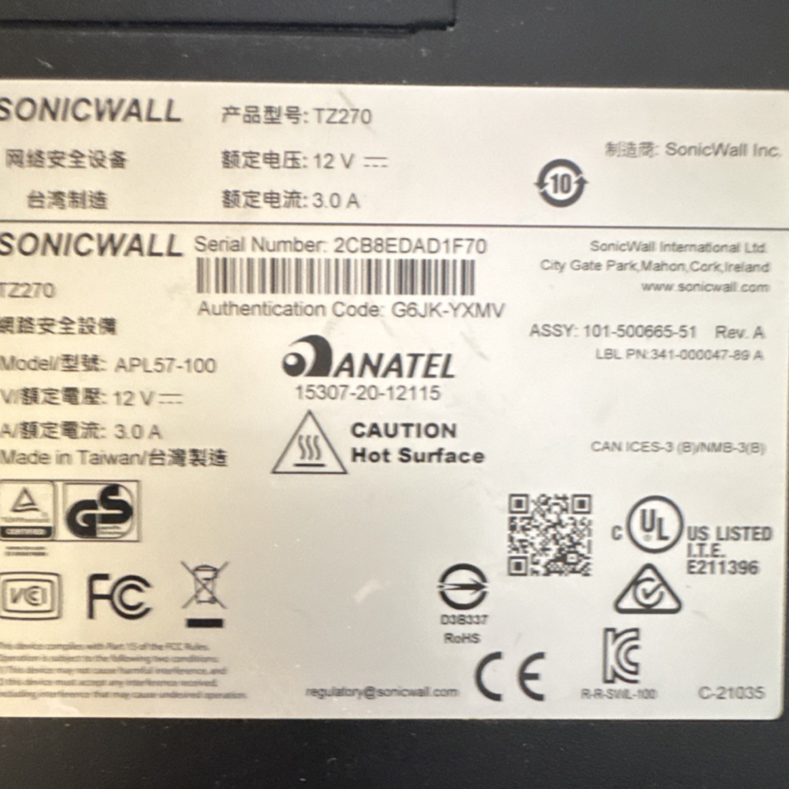 SonicWALL TZ270 Firewall VPN Device Model APL57-100 Serial 2CB8EDAD1F70