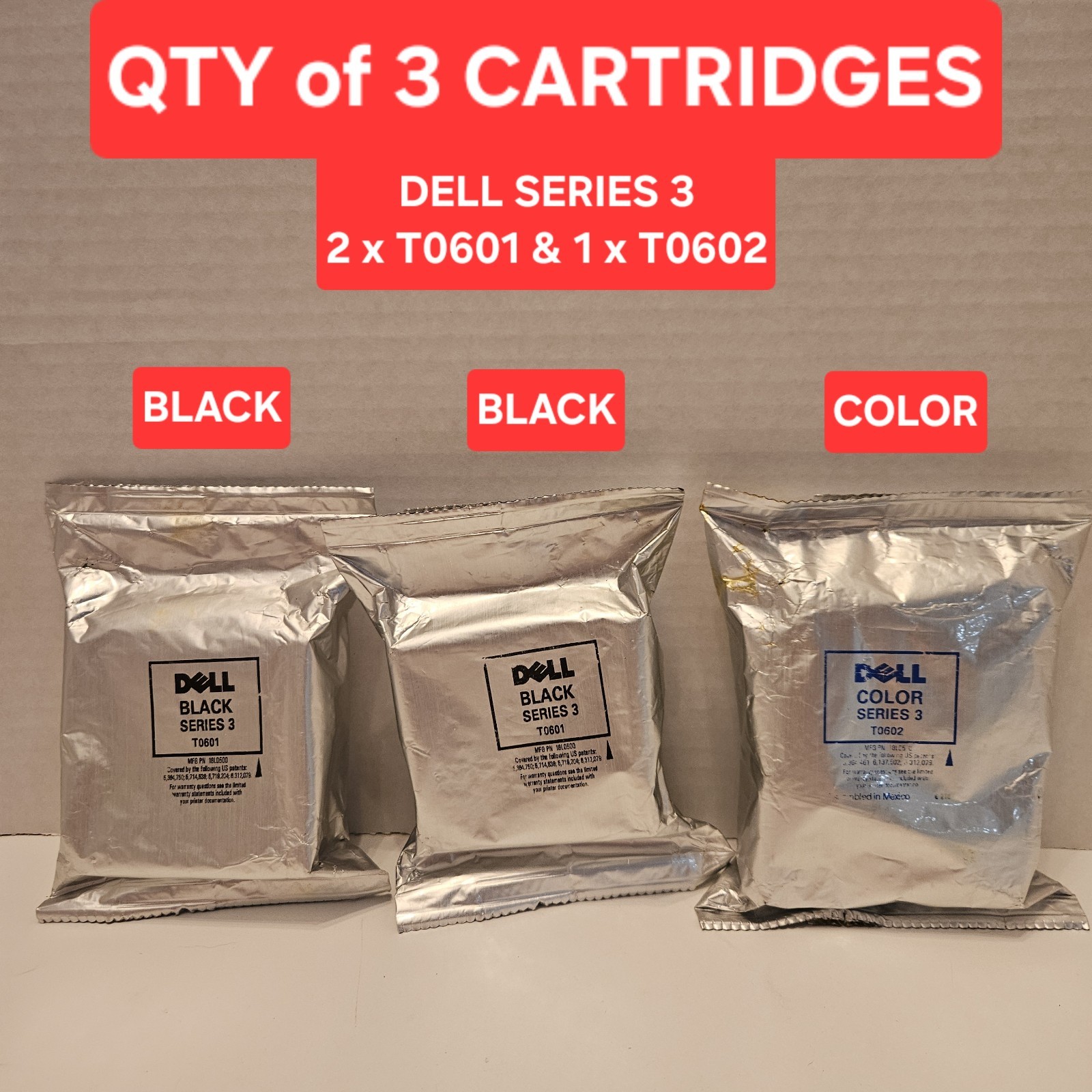 Genuine Dell Series 3 Ink Cartridges QTY/2 of T0601 BLACK & QTY/1 of T0602 COLOR