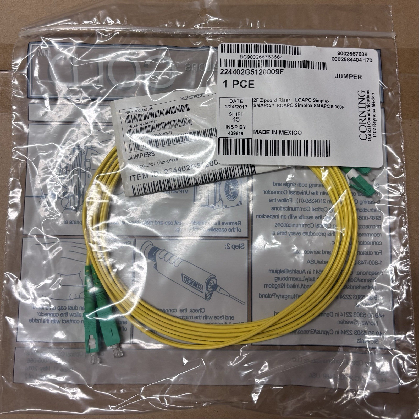 9ft Corning LC to SC Simplex 2F Zip Cord Riser Yellow
