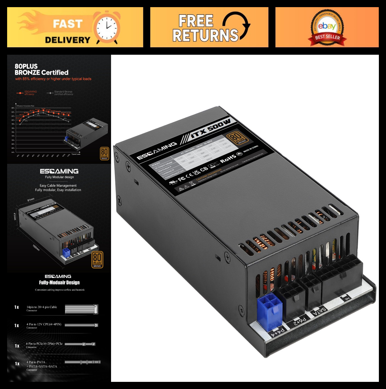 500W Fully Modular Power Supply, 80+ Bronze, Active PFC, Mini ITX/ATX, NAS/HTPC