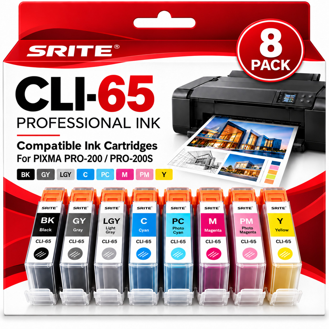 CLI65 CLI-65 Ink Cartridge 8-Color Set with Chip for Canon PIXMA PRO-200 Ink
