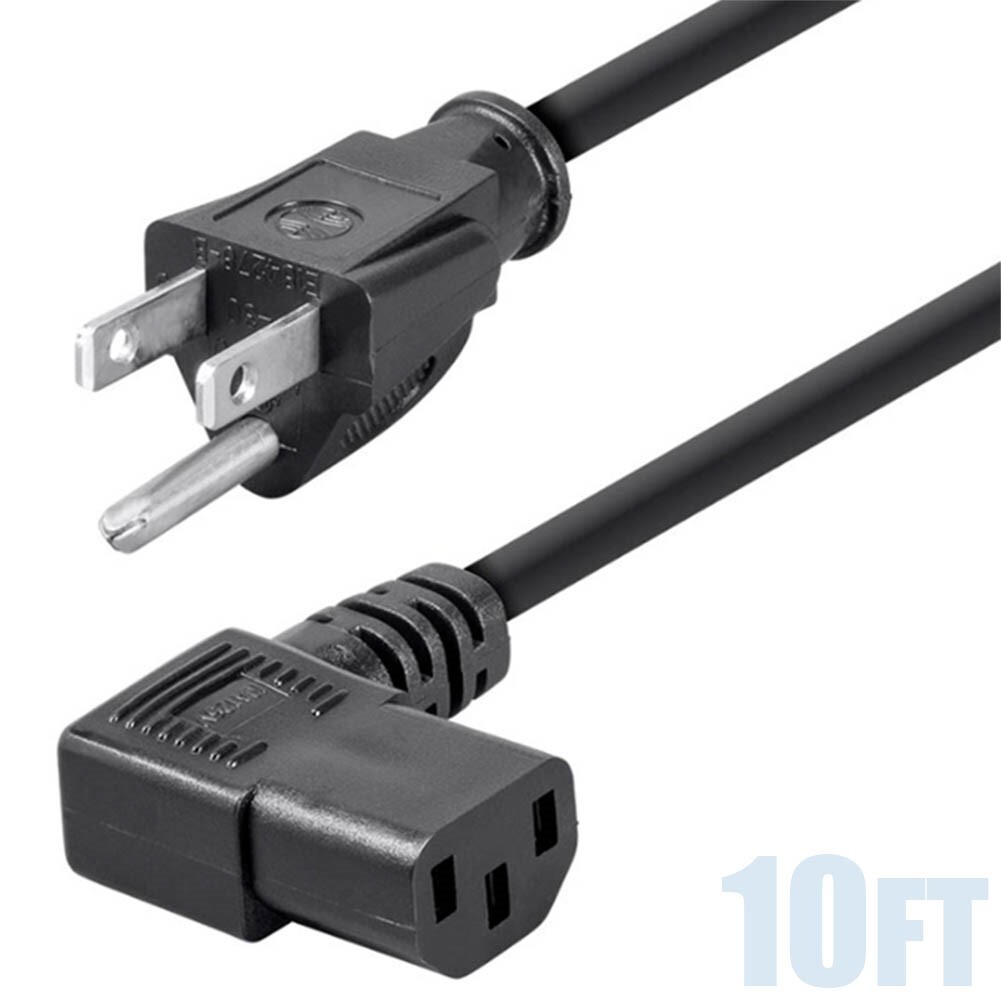10ft 3-Conductor 14AWG NEMA 5-15P to IEC320 C13 Right Angle PC Power Cord Cable