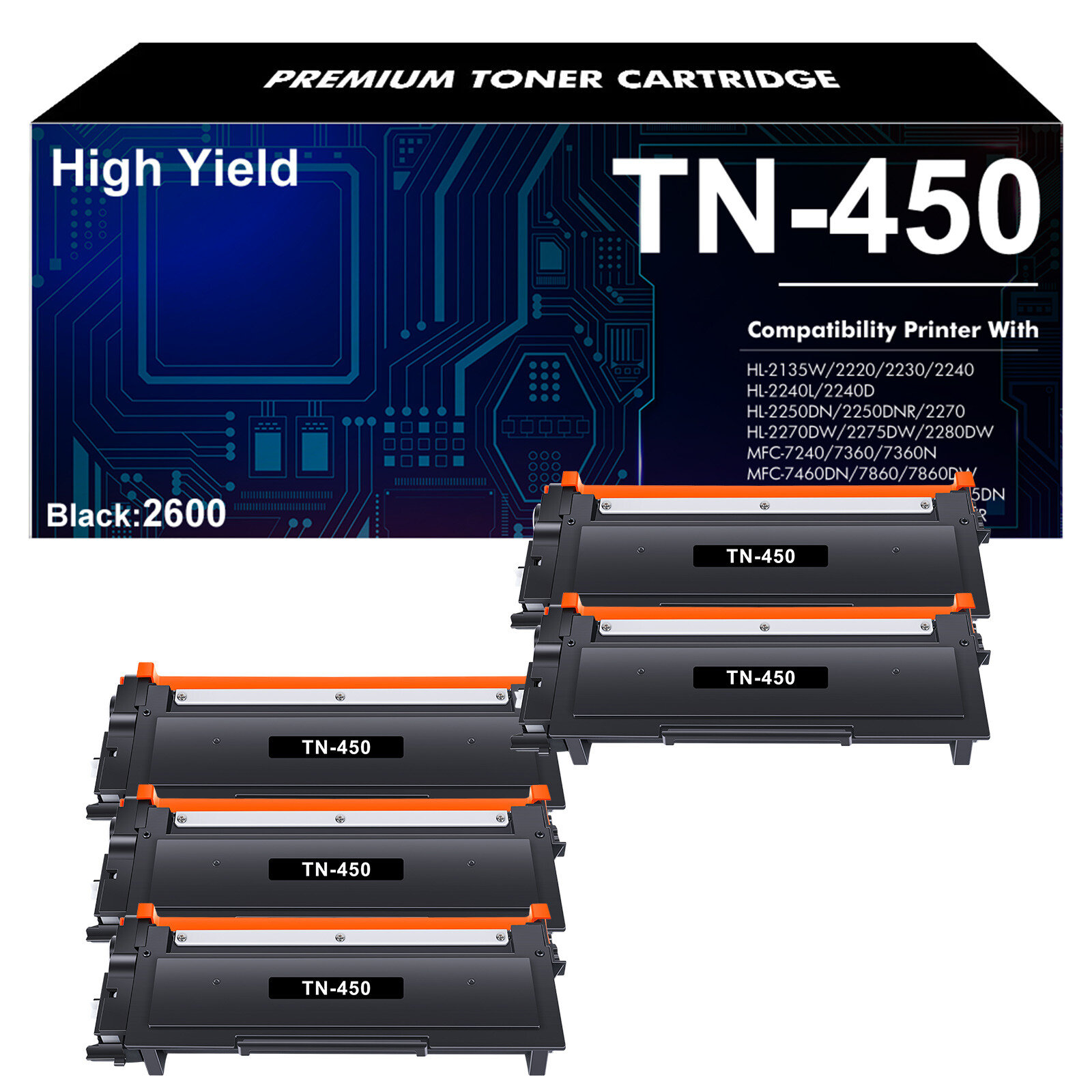 5PK TN450 Toner Compatible with Brother TN-450 TN420 MFC-7360N 7860DW HL-2270DW