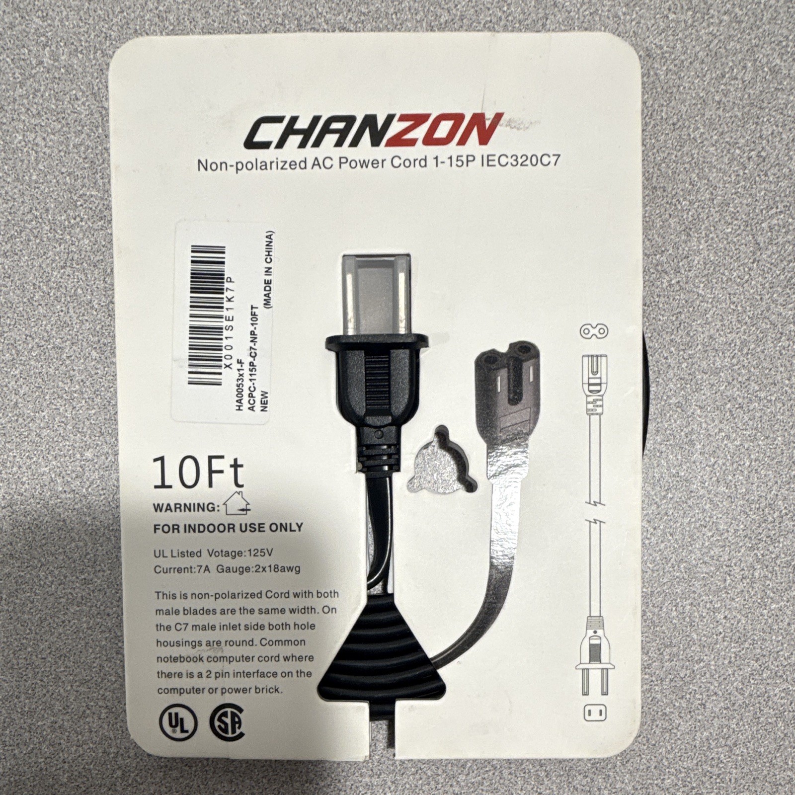 Chanzon Non-Polarized AC Power Cord 10 ft 1-15P to IEC320C7 Black 7A