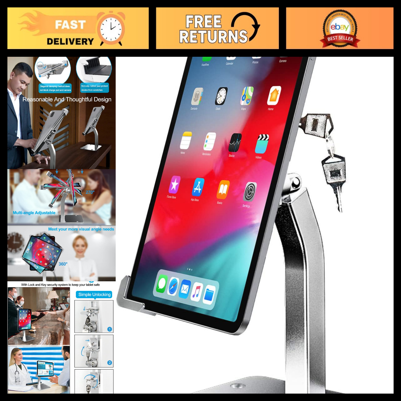Secure Anti-Theft Tablet Kiosk Stand for 9"-14" Devices, Lockable POS Display Mo