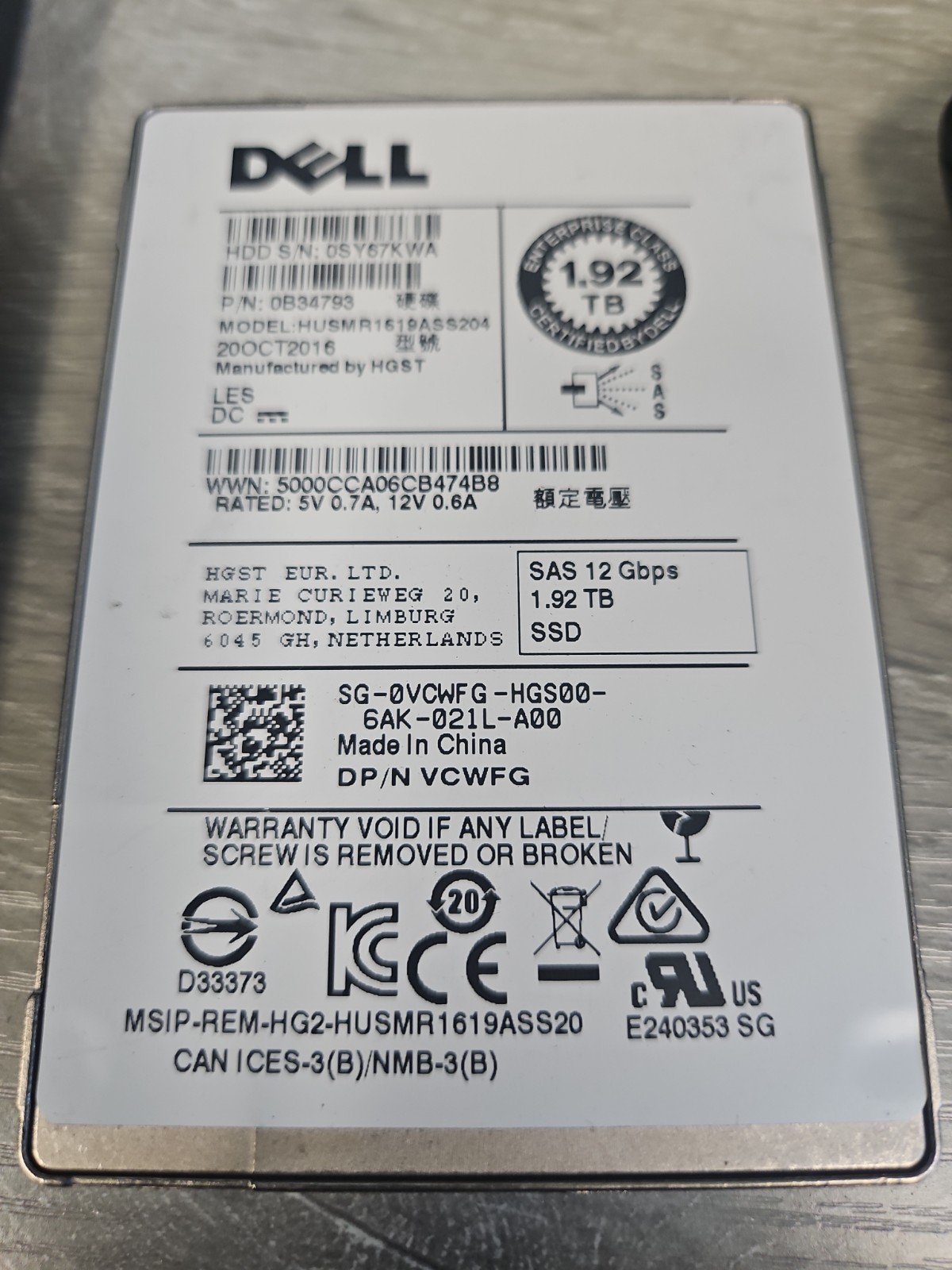 VCWFG Dell 1.92TB SAS 12Gb/s Read Intensive 2.5'' SSD 0VCWFG HUSMR1619ASS204 99%