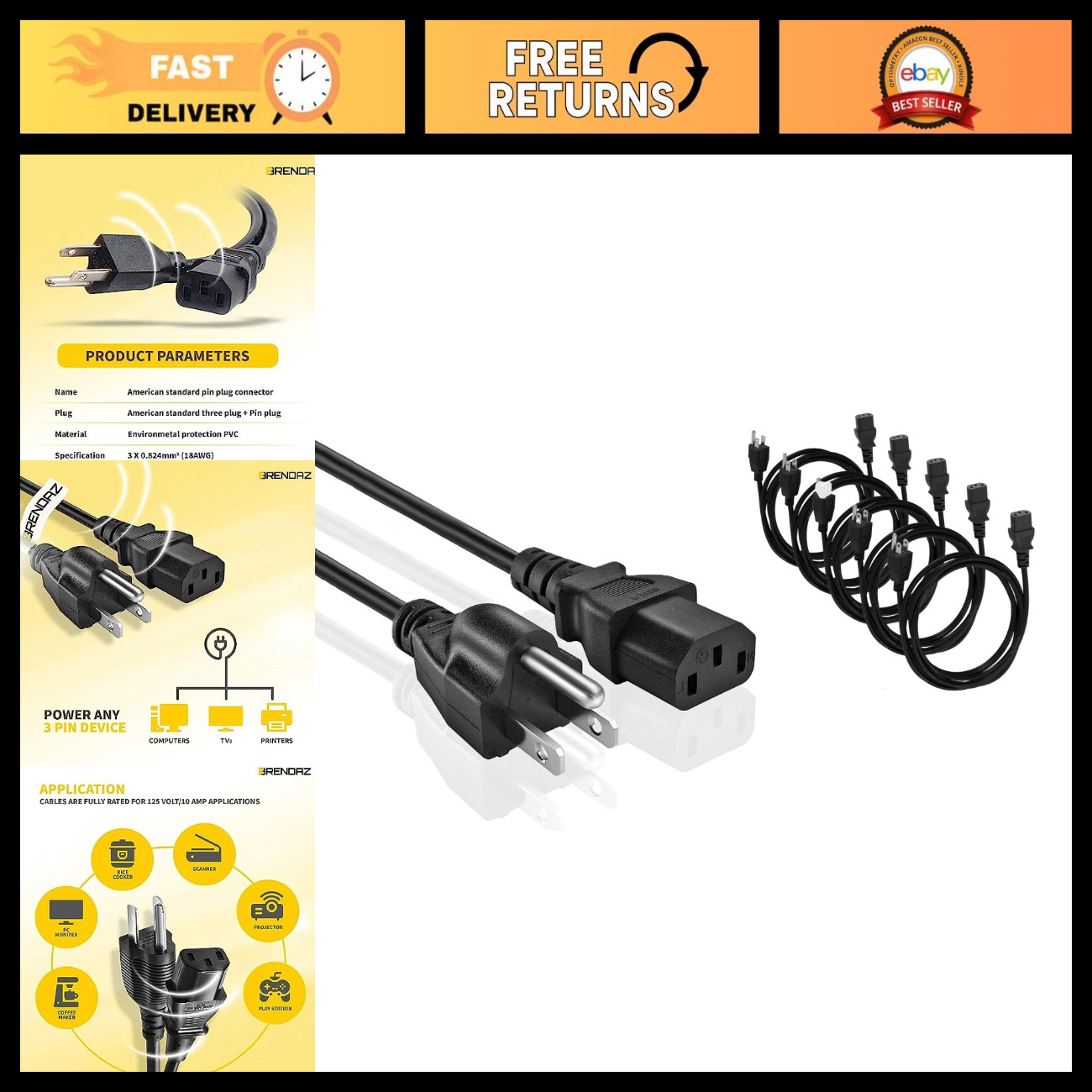10ft Universal AC Power Cord - 3 Prong Replacement Cable for PC, Monitor, Printe