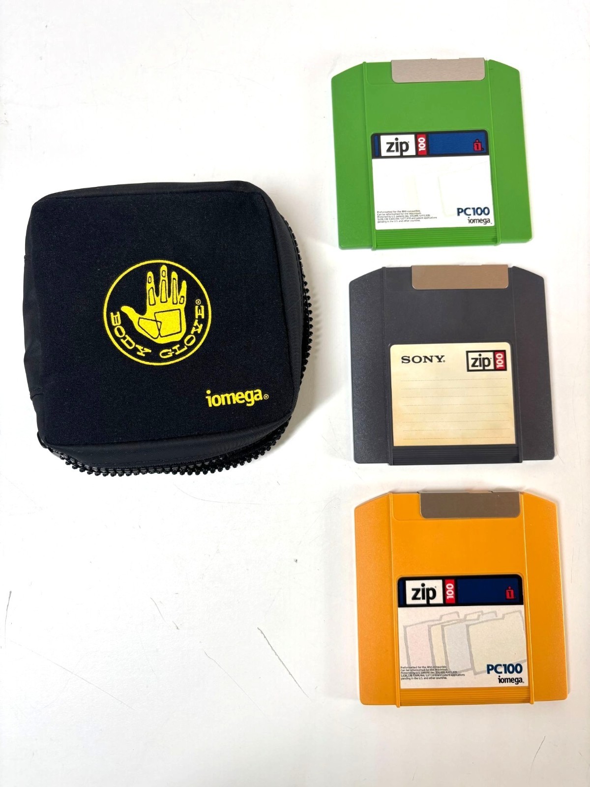 Vintage Iomega Zip 100 MB Disks Lot of 3 Rare Body Glove Case Retro PC Storage