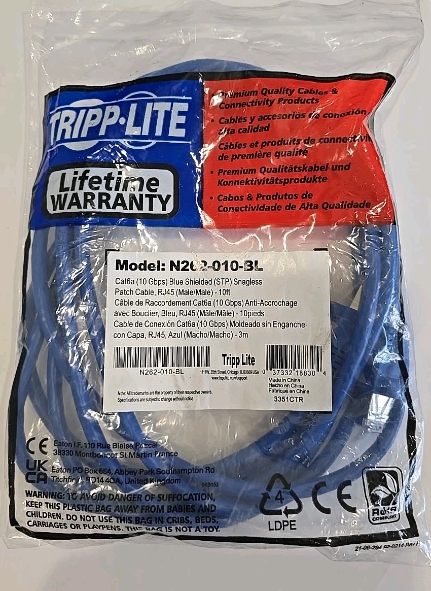 Tripp Lite Cable N262-010-BL Cat6a 10 Gbps Blue Computer Networking Internet 