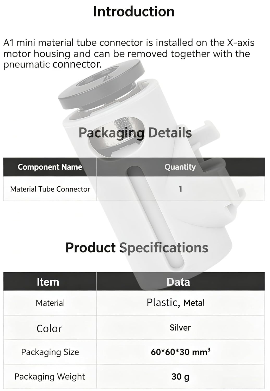 PTFE Tube Connector for A1 / A1 Mini 3D Printer - Quick Connect Coupling, Sec...