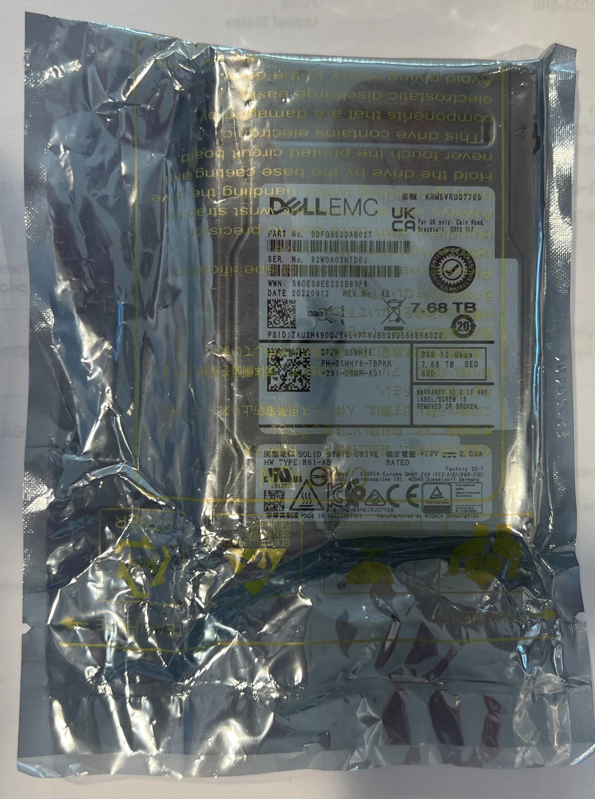 05MHY8 DELL 7.68TB EMC KRM6VRUG7T68 SAS SED 12Gbps 5MHY8 R640 R740 R940