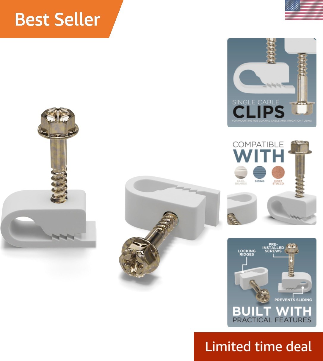 Single Cable Clips with Screws - 1/4 Inch Coaxial Cable Clamps Outdoor - Exte...
