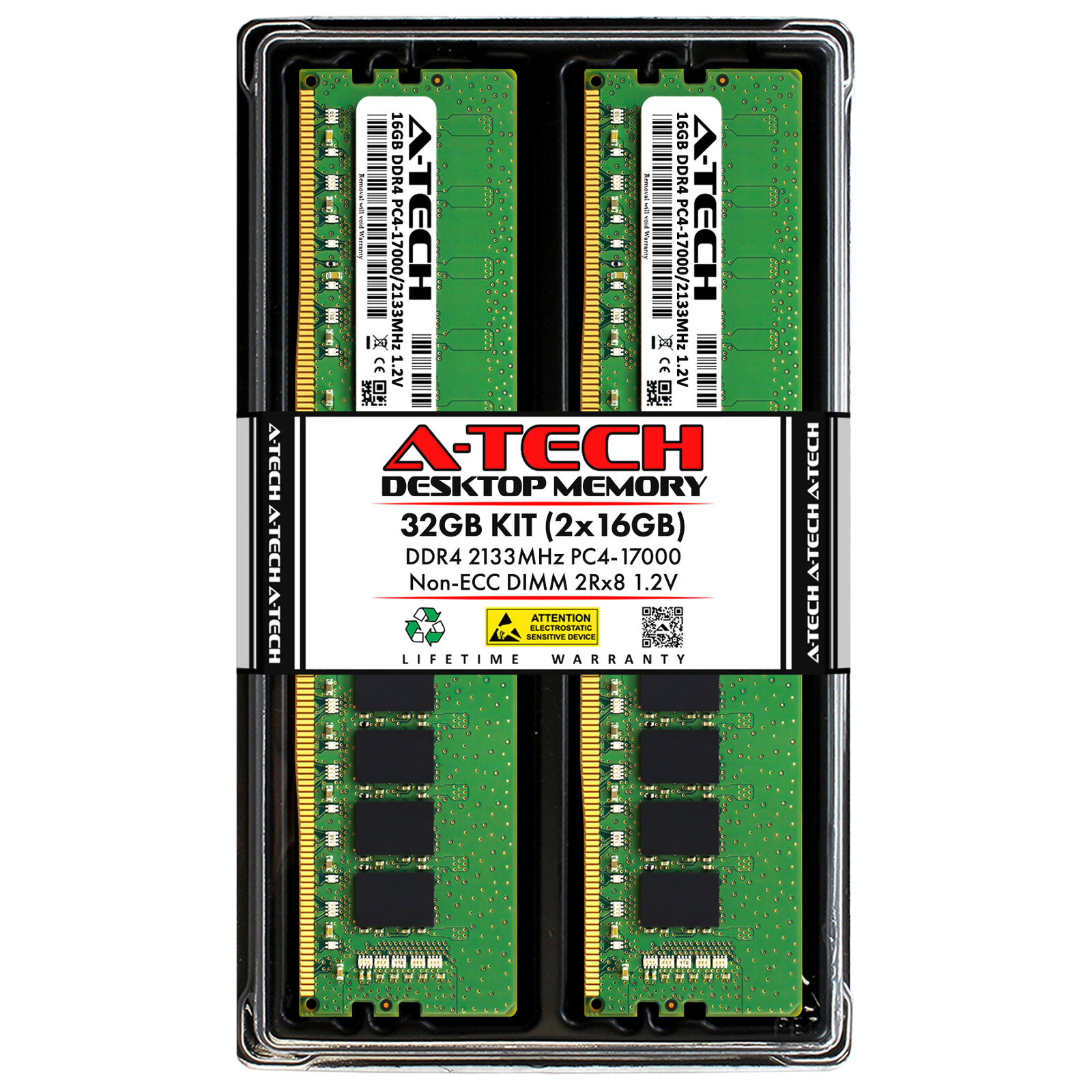 A-Tech 32GB 2x 16GB PC4-17000 Desktop DDR4 2133 MHz DIMM 288-Pin 2Rx8 Memory RAM