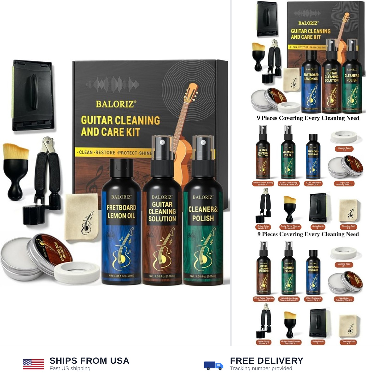 9pcs Guitar Cleaning Kit, Complete Guitar Care Kit with Guitar Cleaner, Fretb...