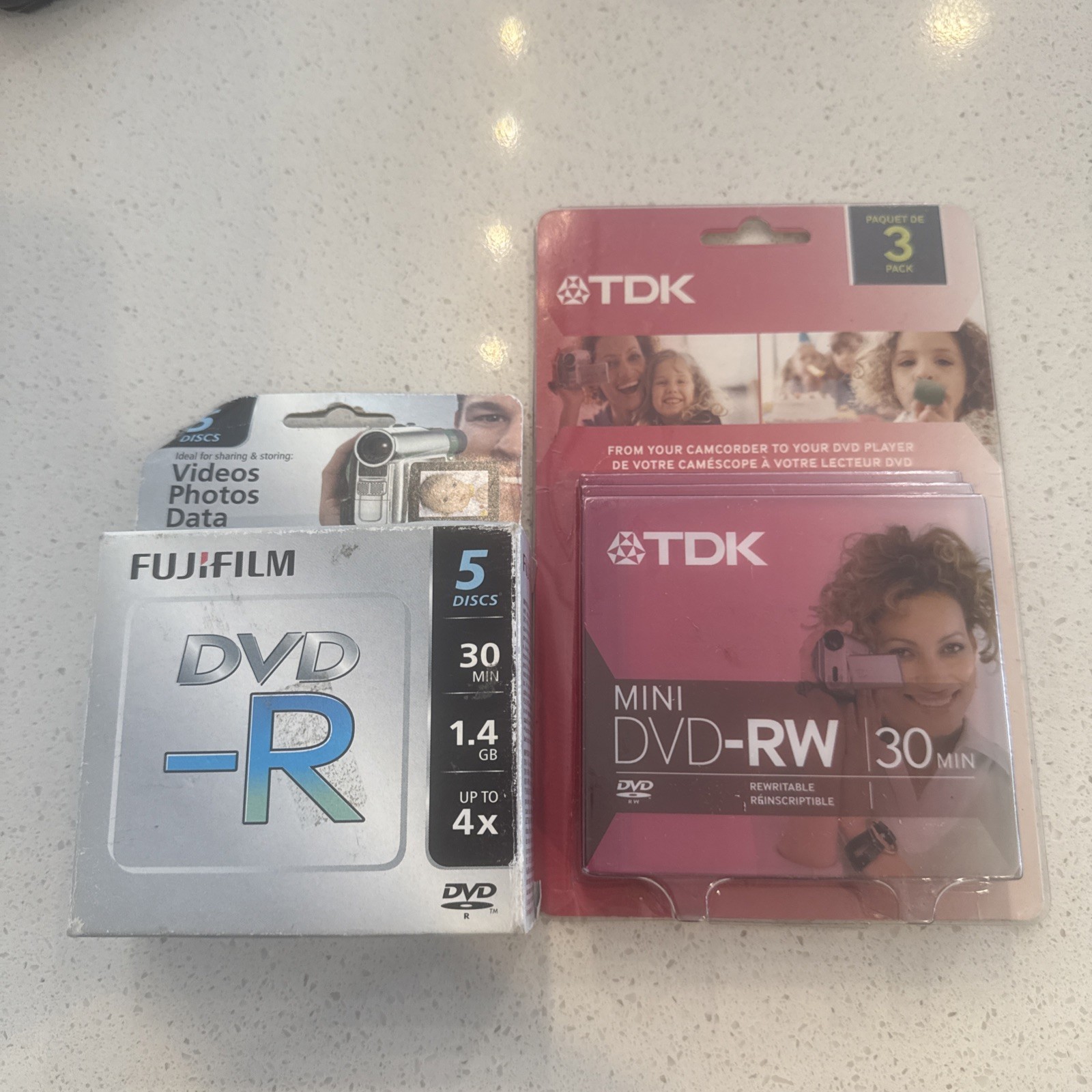 NEW TDK Mini DVD-RW 30 Min Rewritable 3 Pack And FujiFilm DVD-R 5 Disc Pack