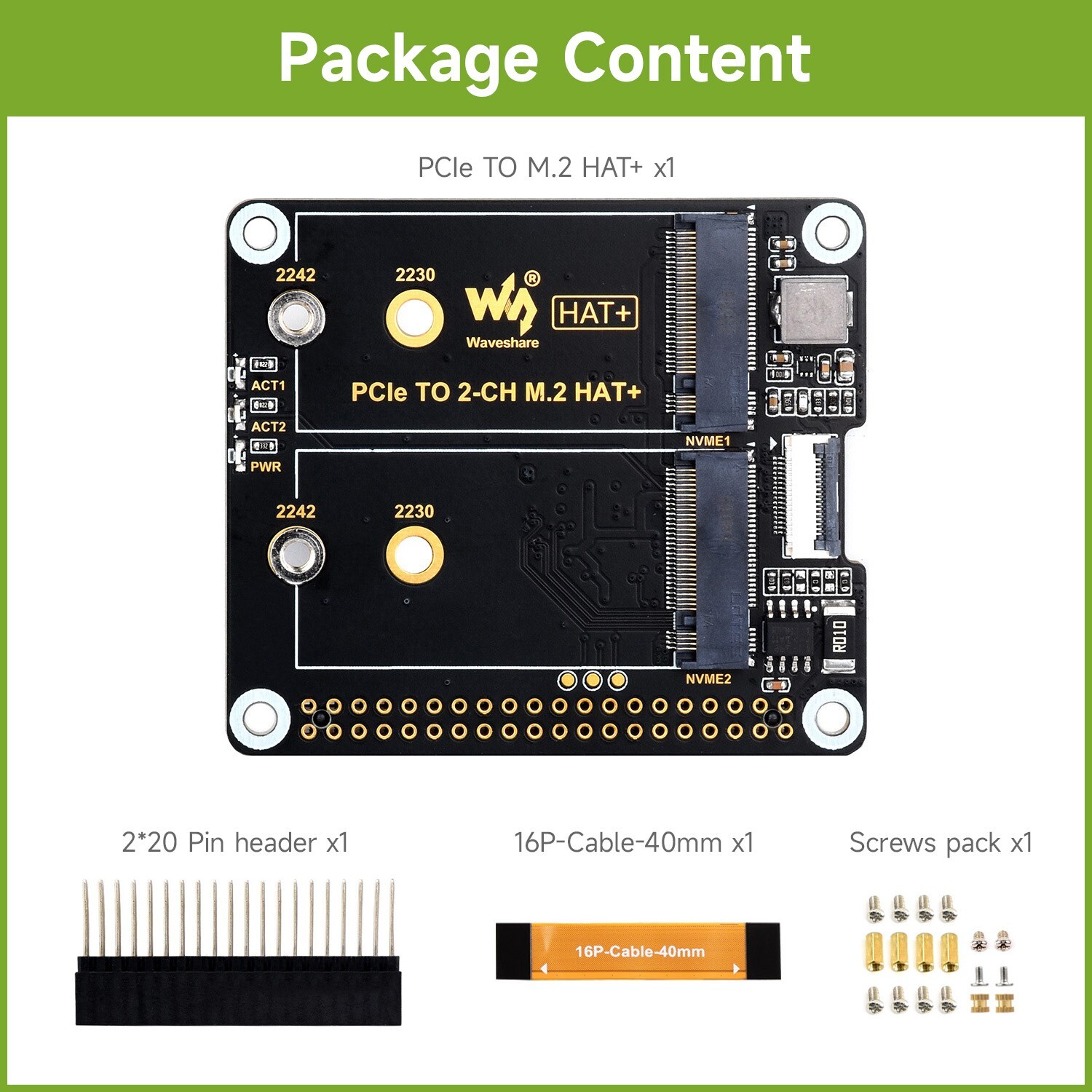 Waveshare PCIe To 2-ch M.2 Adapter for Solid State Drive Raspberry Pi 5 M.2 HAT