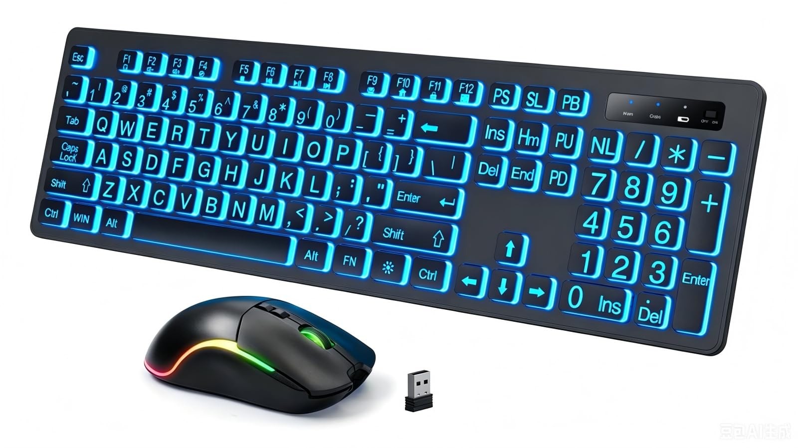 Light Up Wireless Keyboard Mouse 2.4G USB Full Size Backlit Large Print Set