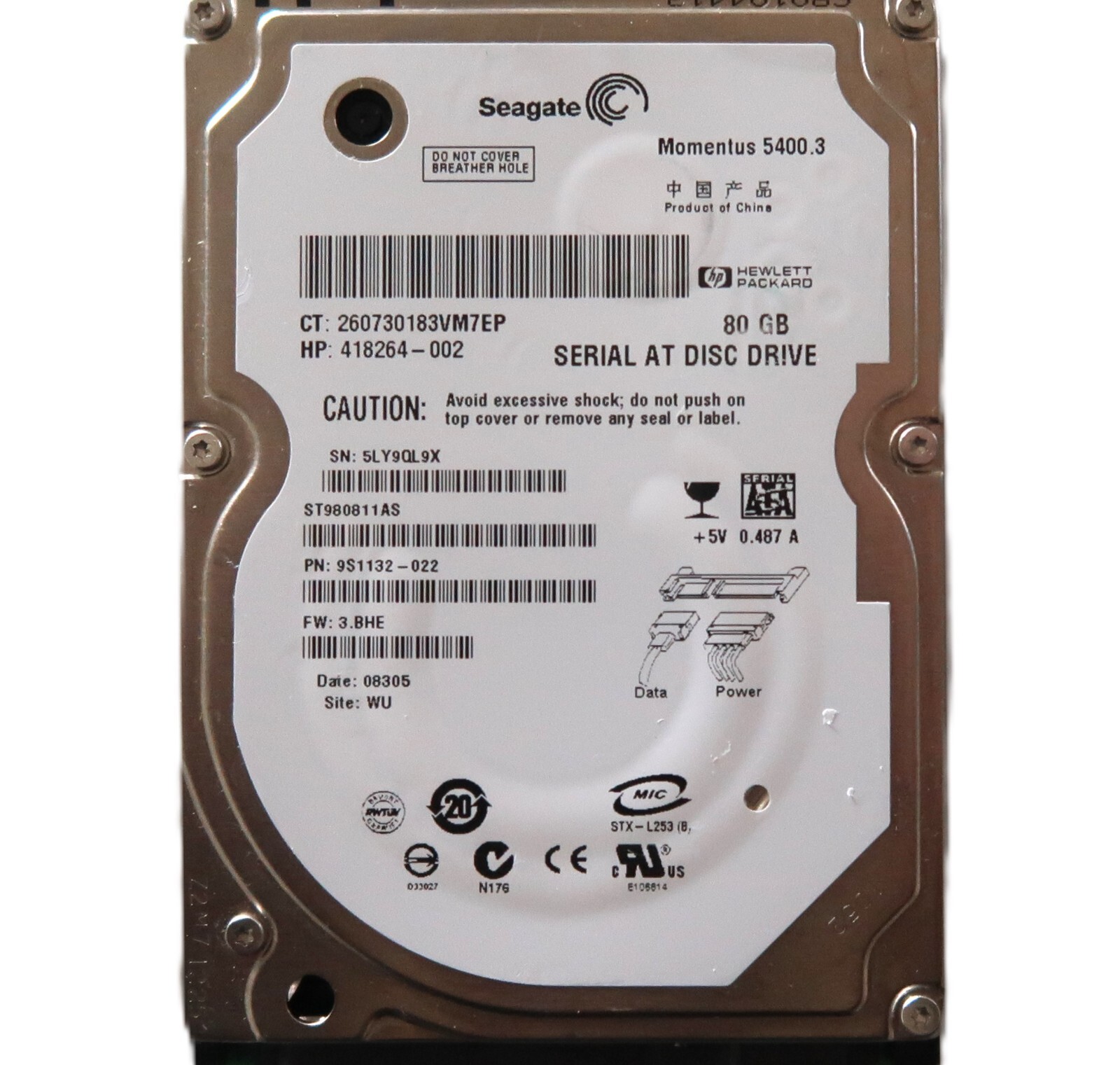 Seagate ST980811AS 9S1132-022 3.BHE (5LY) WU China 80gb 2.5" Sata HDD JAN/2008