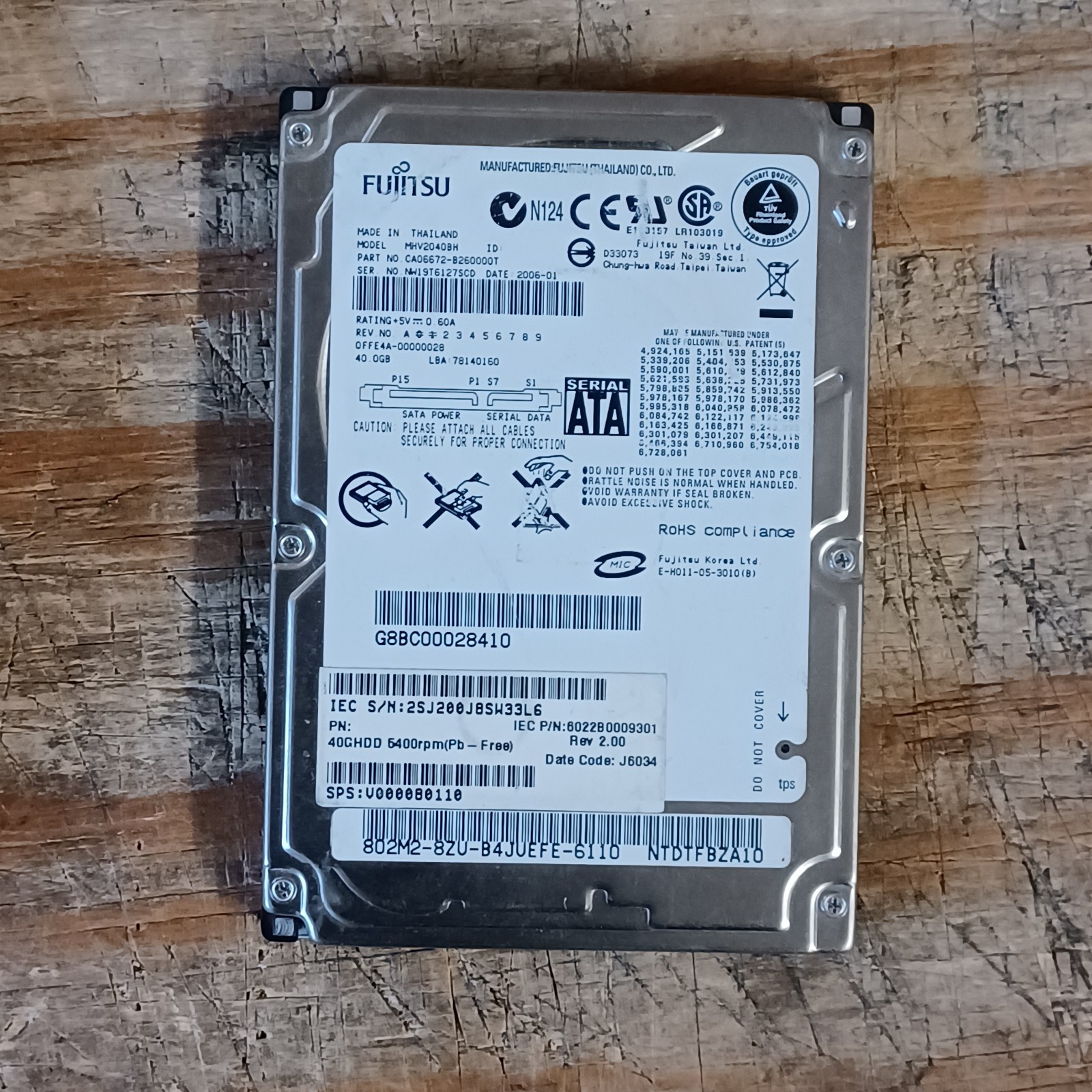 Fujitsu MHV2040BH 40GB 2.5" 5400 RPM SATA Laptop Hard Disk Drive HDD