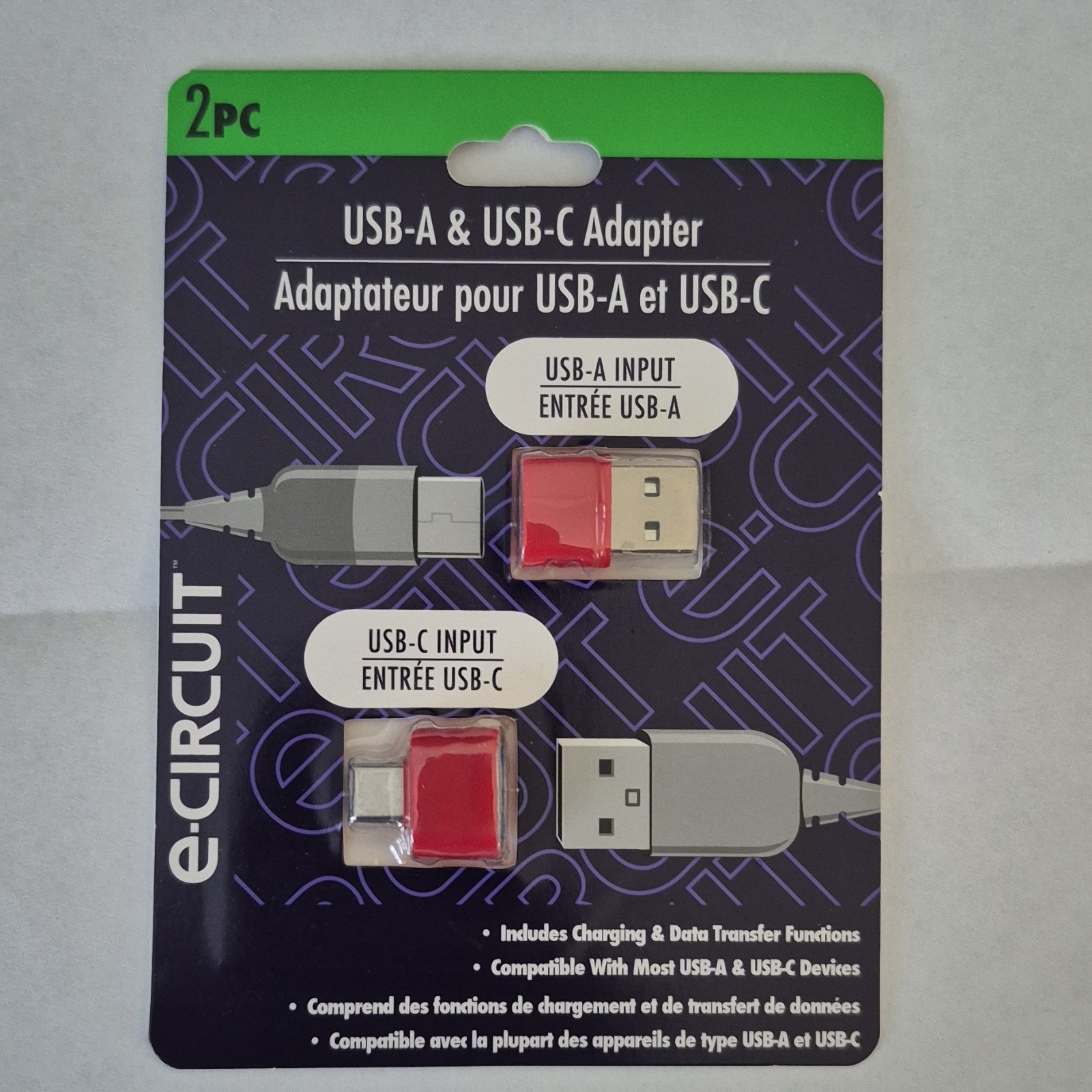 eCircuit USB-A & USB-C Adapter 2-Pack, Charging/Data Transfer, Red/Silver
