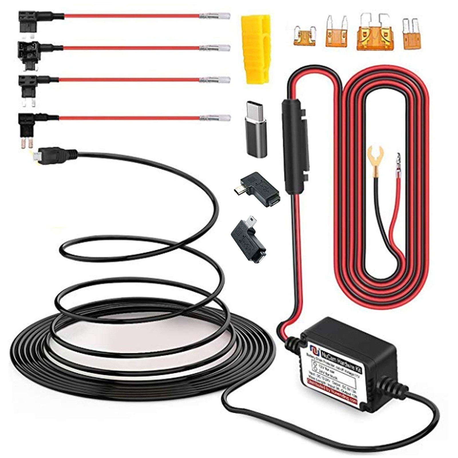 Type C Dash Cam Hardwire Kit, MicroUSB & Mini USB 15ft Power Cable Micro&Mini