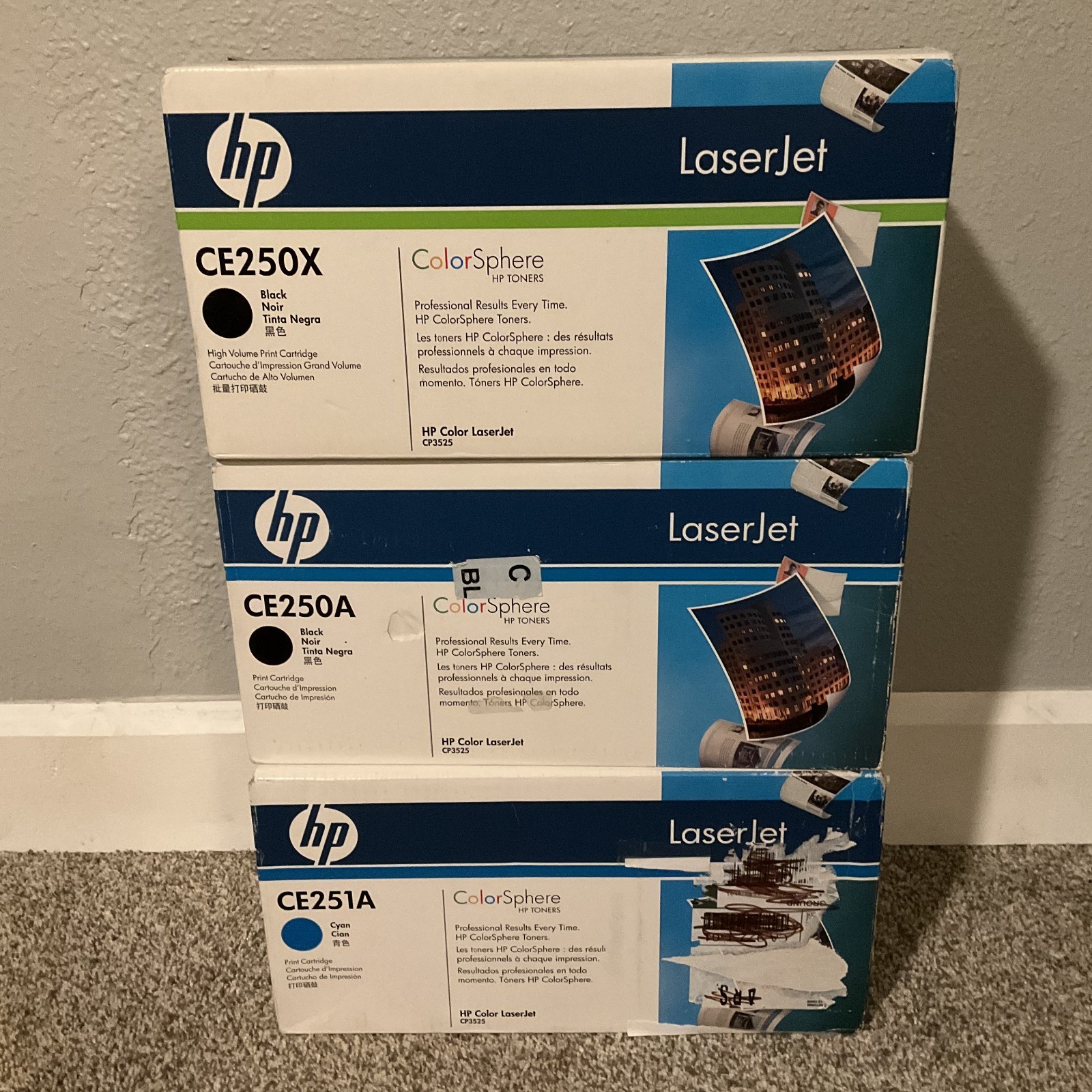3 Pack GENUINE HP CE250X CE250A CE251A Toner Cartridge - NEW FACTORY SEALED