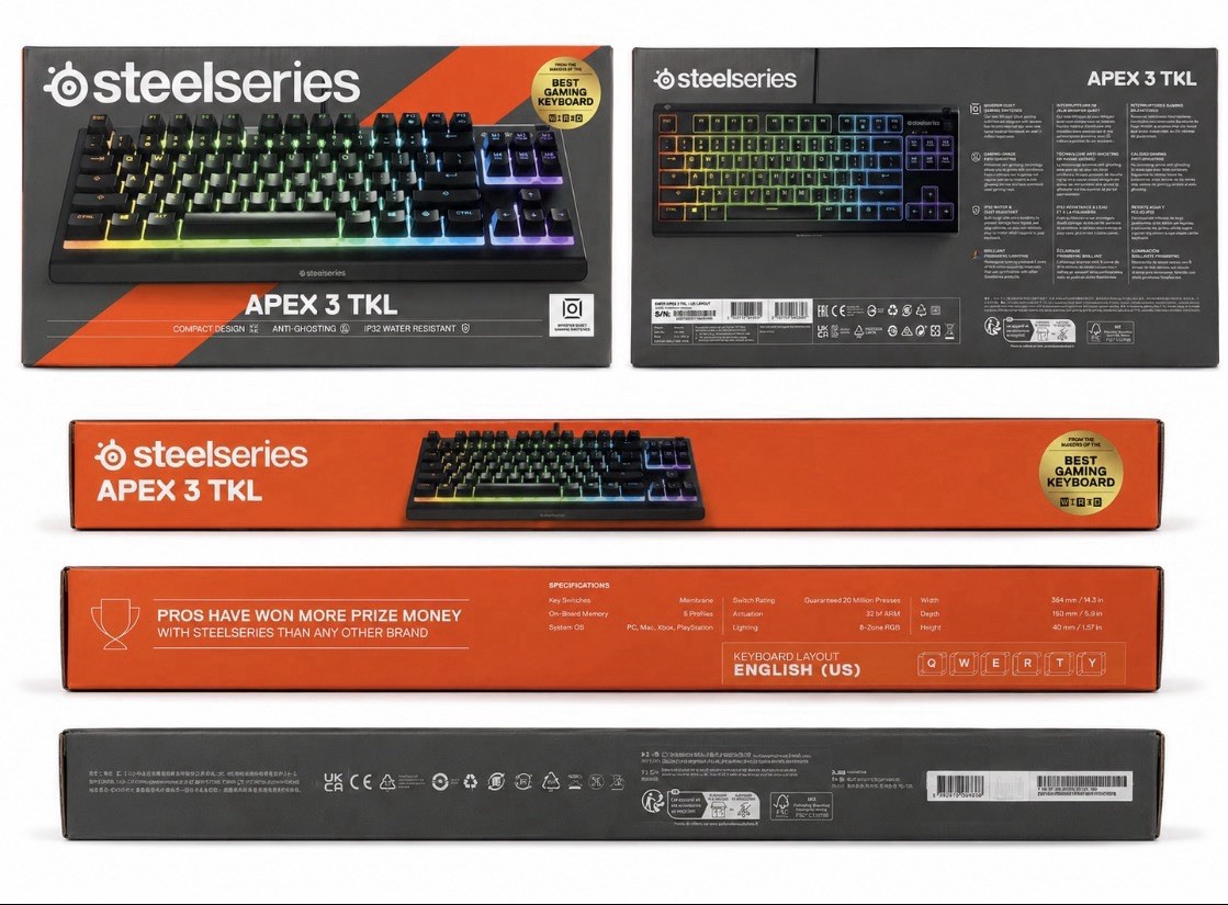 SteelSeries Apex 3 TKL RGB Gaming Keyboard Tenkeyless Whisper Quiet IP32 Black