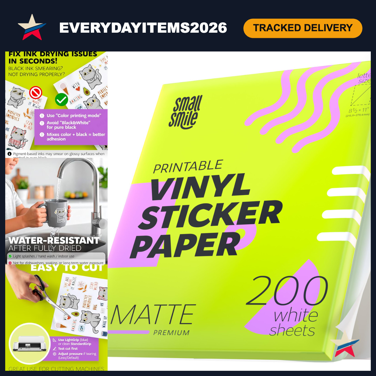 Premium Printable Vinyl Sticker Paper - 200 Sheets Waterproof Matte 8.5x11" for