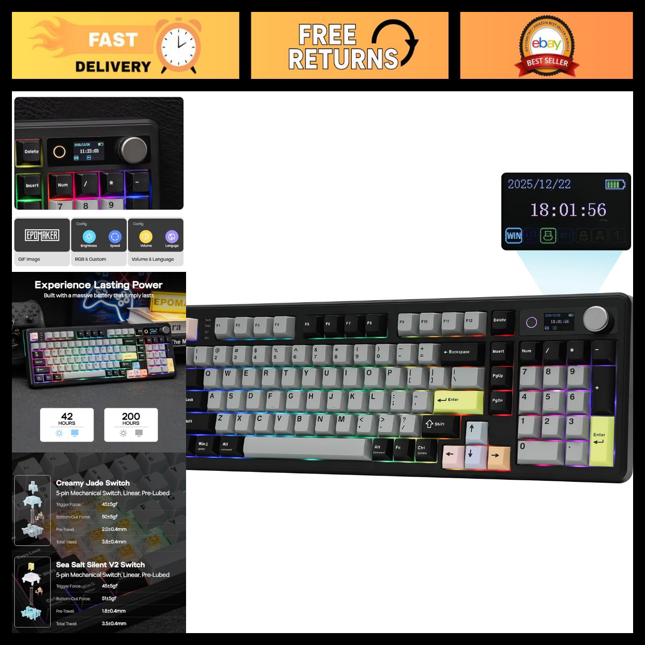 96% Mechanical Keyboard with Screen & Knob, 10000mAh Battery, RGB Backlit