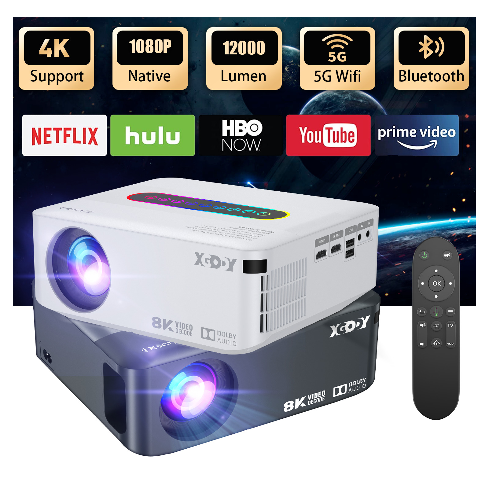 XGODY 8K UHD Native 1080P Projector LED WiFi Smart Home Theater Cinema Projector