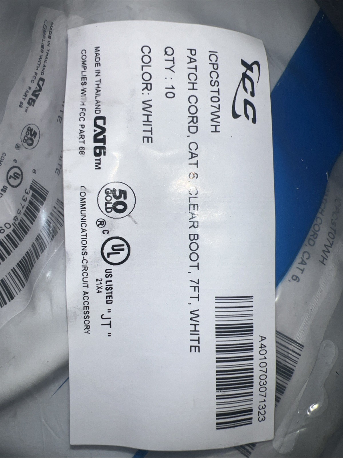 ICC ICC-ICPCST07WH PATCH CORD CAT6 CLEAR BOOT 7' WHITE
