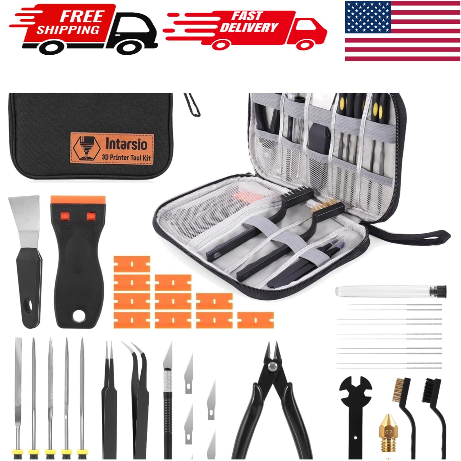 Comprehensive 3D Printer Tool Kit with Nozzle Cleaners & Scrapers - 34 Pieces
