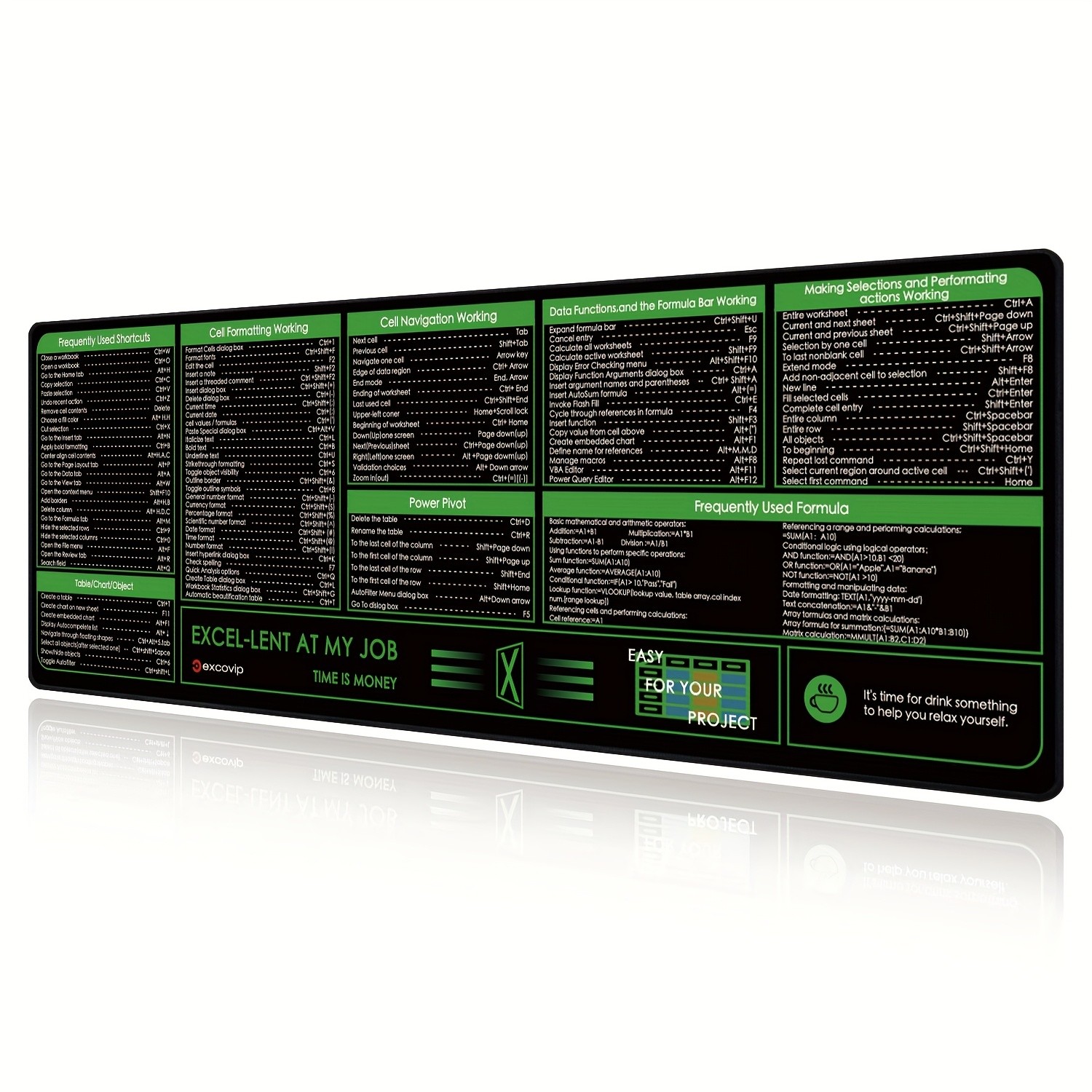 EXCOVIP Large Non-Slip Rubber Mouse Pad with Excel Shortcut Keys - Washable, E