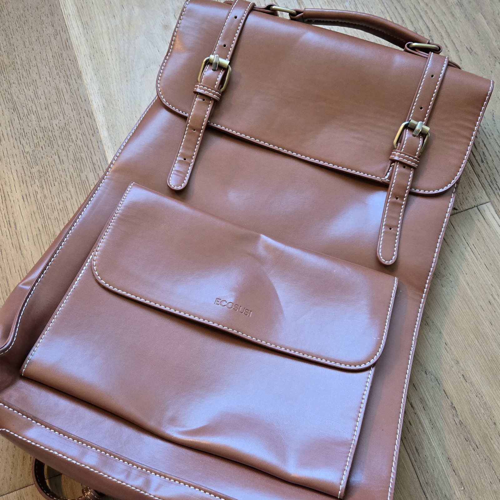 ECOSUSI Brown Synthetic Vegan Leather Backpack for Laptop, books vintage style 