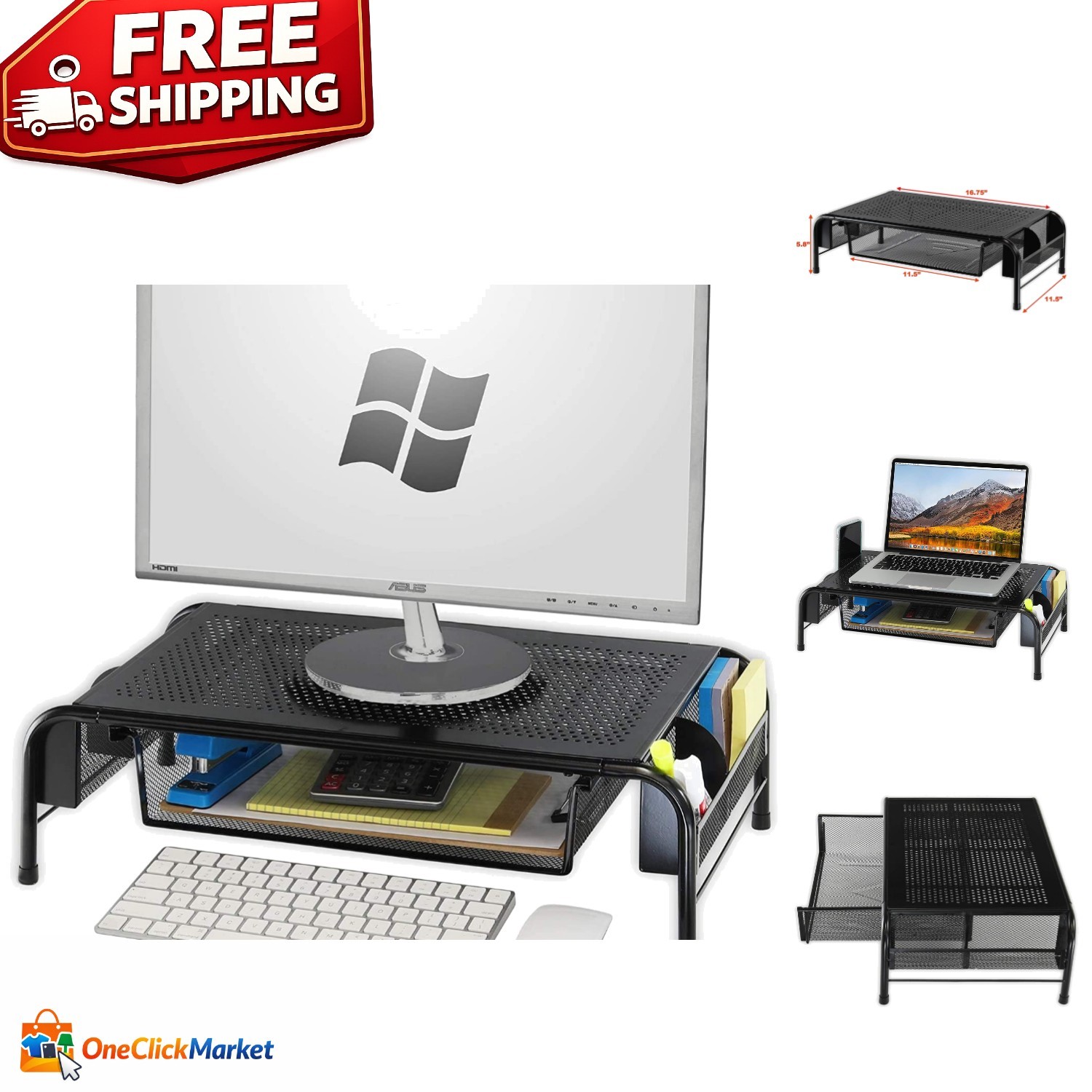 Compact Monitor Stand with Sliding Drawer & Side Storage - Black Metal Finish