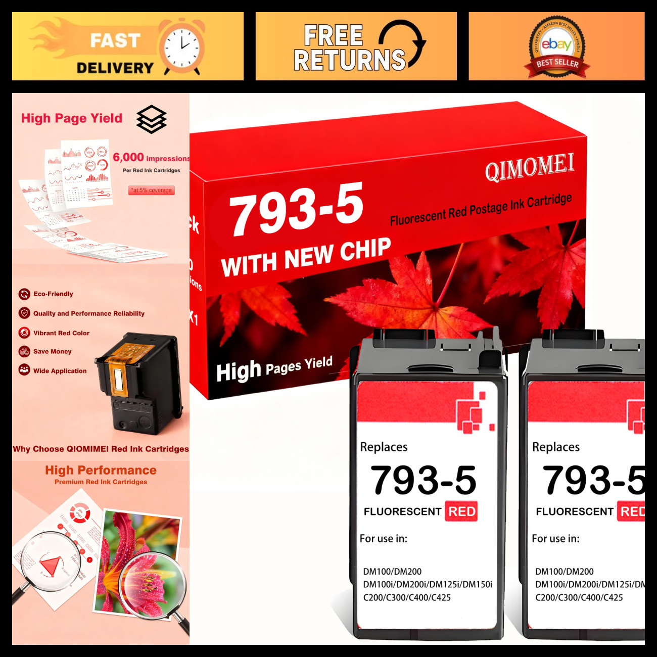 2 Pack Red Ink Cartridge Replacement for Pitney Bowes 793-5 - High Yield, Qualit