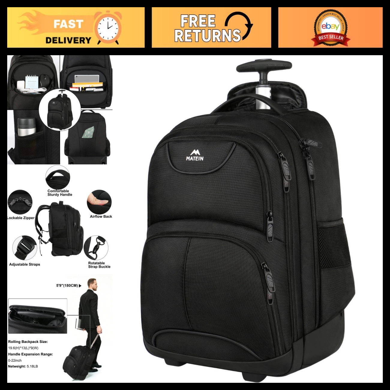 Water Resistant 17" Rolling Laptop Backpack, Wheeled Travel Bag with Storage Com