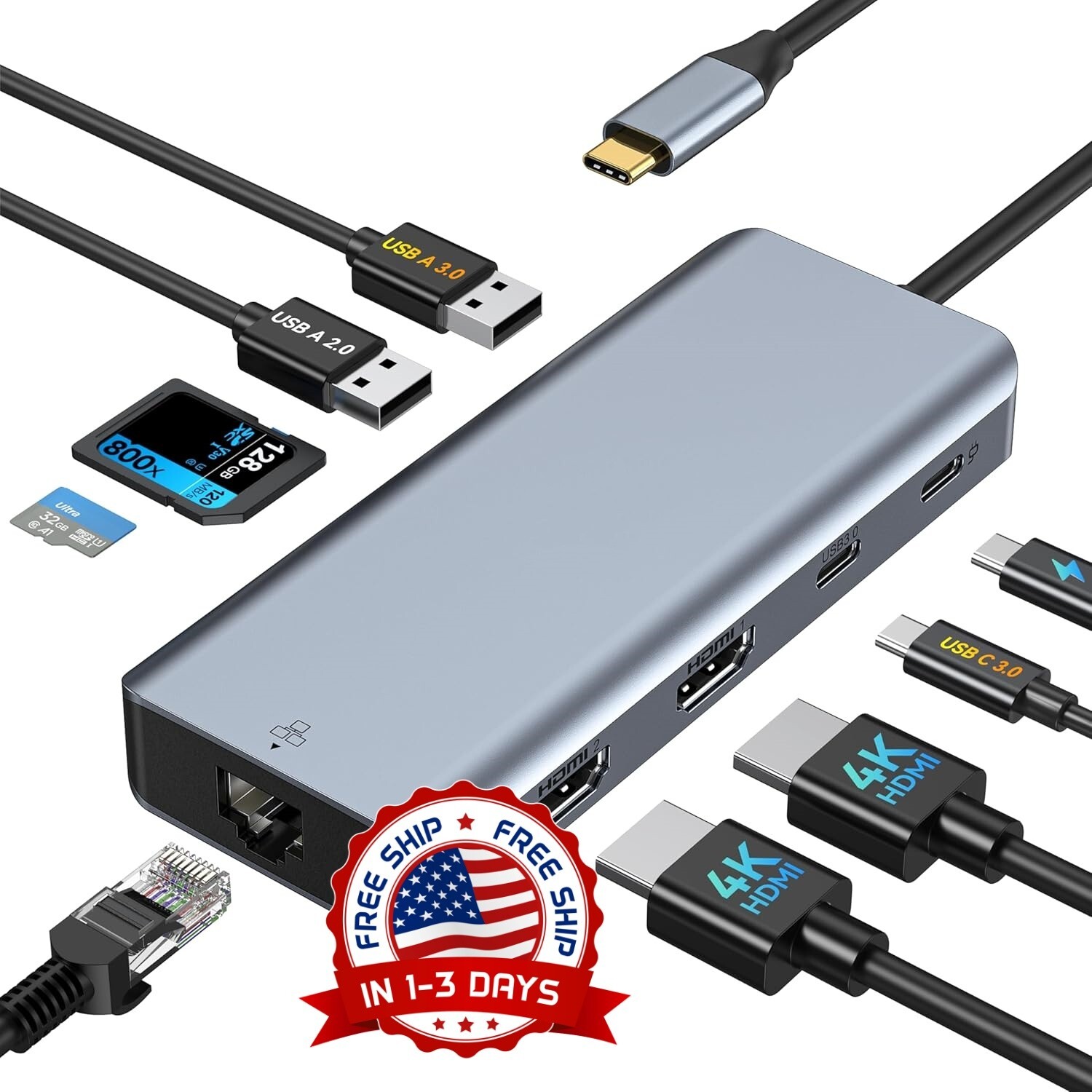 Estación de acoplamiento USB C Hub a HDMI dual con puerto Ethernet de 100 W NEW