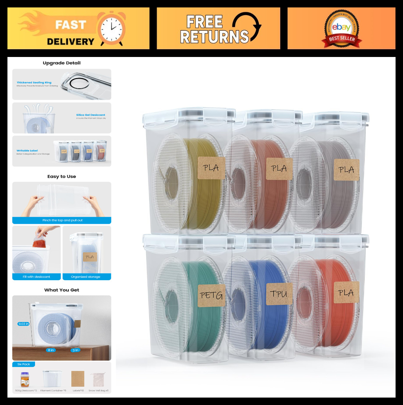 6 Pack 3D Printing Filament Storage Box - Waterproof, Dust-Proof, Portable Conta