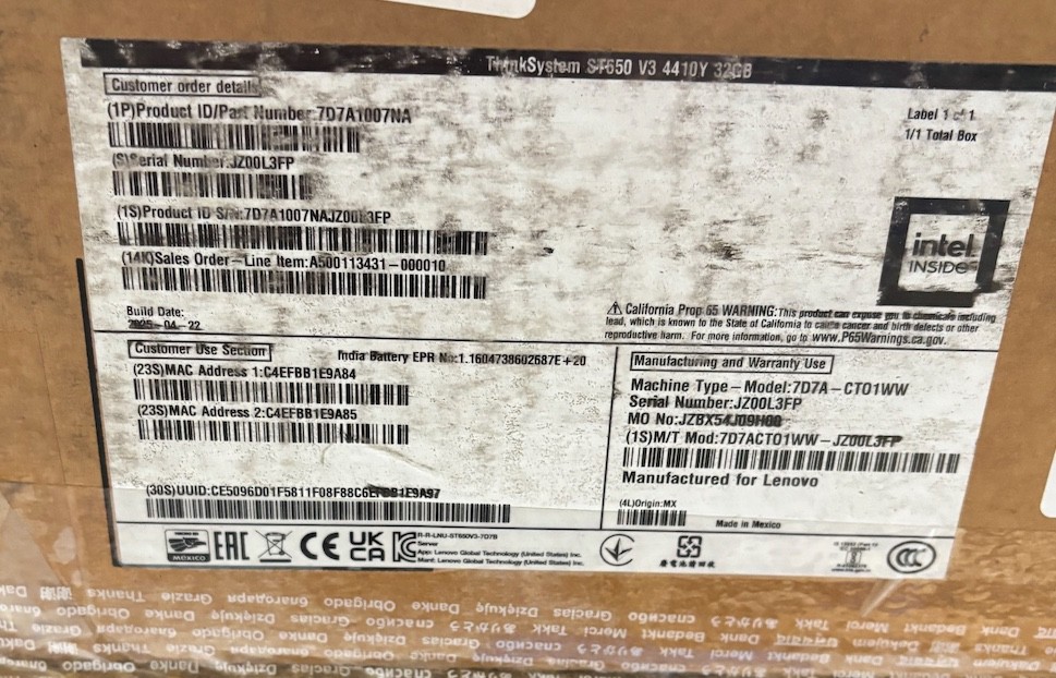 Lenovo ThinkSystem ST650 v3 XS-4410Y 32GB 8xSFF 7D7A1007NA Warranty 2028 SEALED