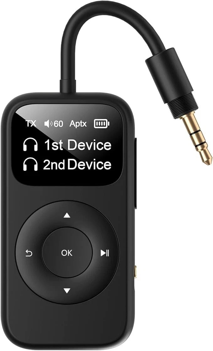 Black Portable, Long battery, Dual Pairing, LED Screen, Bluetooth 5.3 Adapter