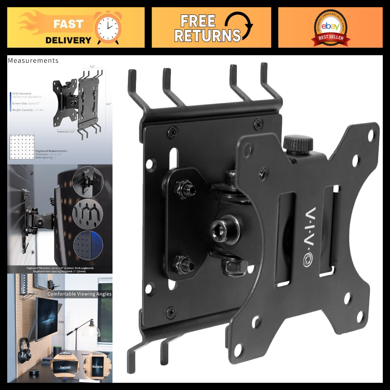 Adjustable Black Single Monitor Pegboard Mount for 32" Screens, Easy Install