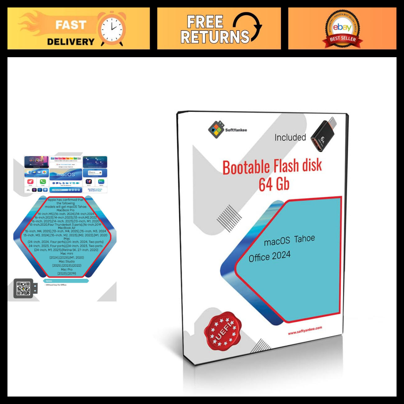 64GB Bootable USB Flash Drive for macOS Tahoe & Office 2024 - Fast Data Transfer