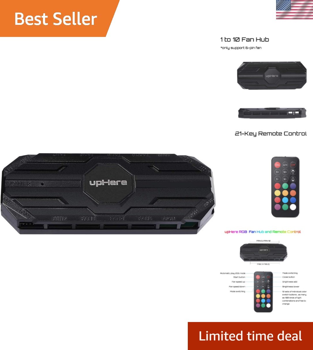 10-Port 6PIN SATA RGB Hub with 21-Key Remote Control/Splitter for 6-Pin Case ...